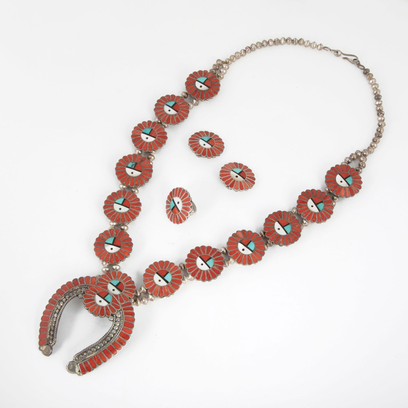 Zuni Silver, Coral, Turquoise, Shell and Onyx Sunface Design Set ca. 1970-80's (1 of 4)