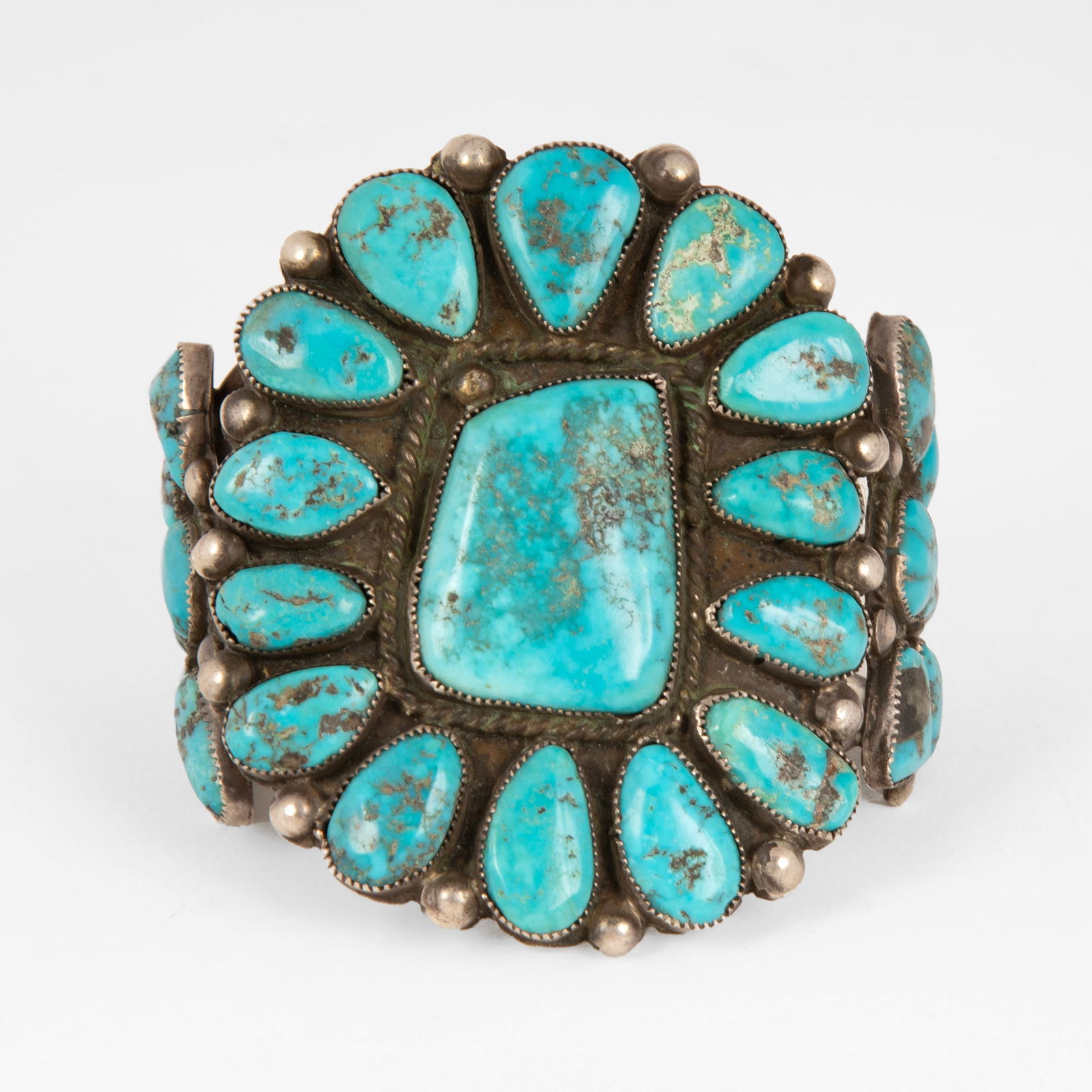 Dine [Navajo] Silver + Turquoise Cluster Cuff, ca. 1940s (1 of 3)
