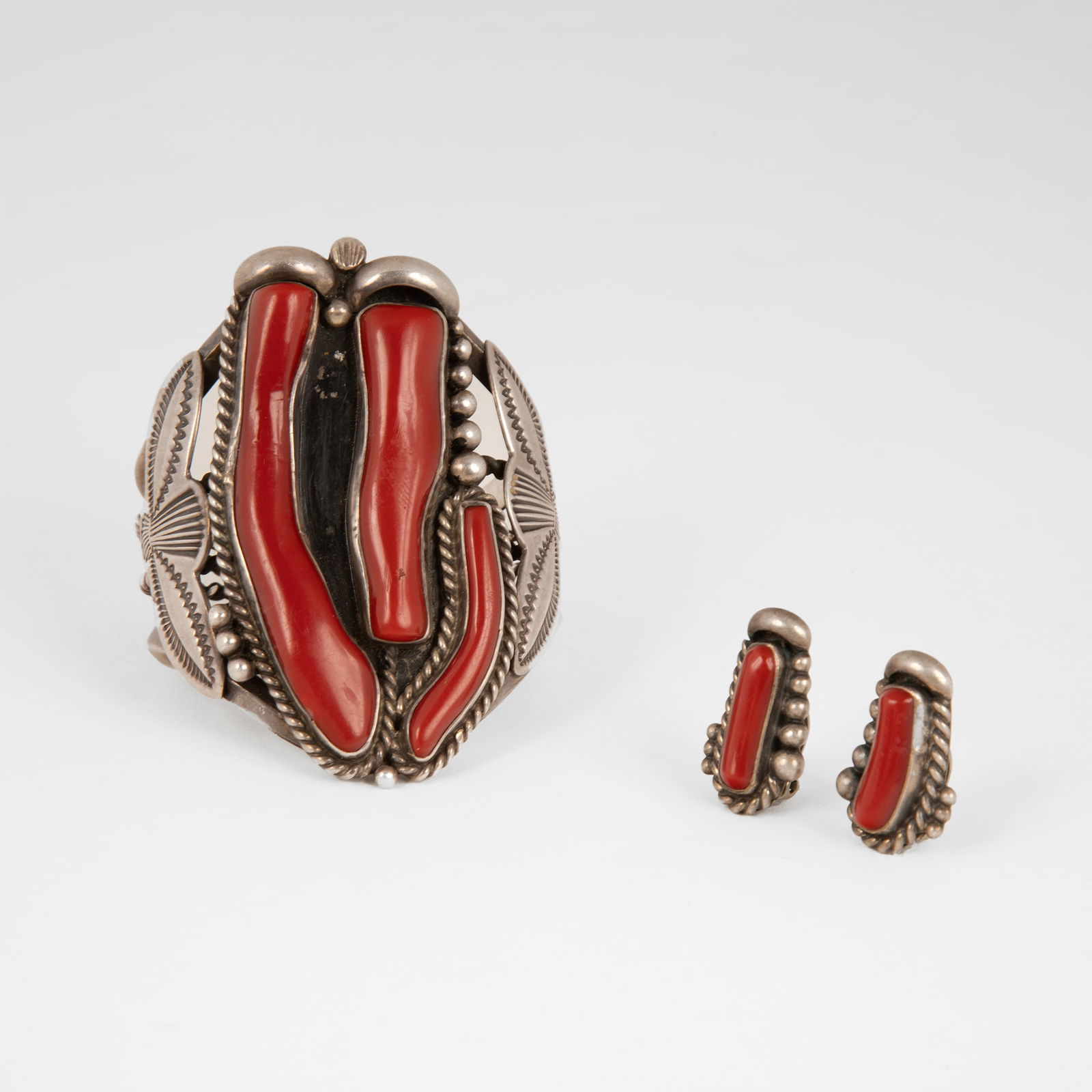Dine [Navajo] Silver + Mediterranean Coral Cuff and Earring Set ca. 1960-70s (1 of 2)