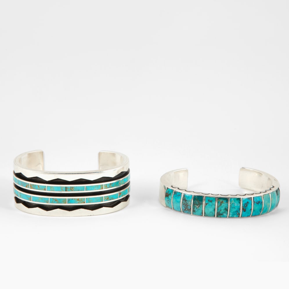 2 Zuni Silver and Turquoise Inlay Cuffs, Larry Loretto, Zuni, Silver and Kingman Turquoise Shadow (1 of 3)