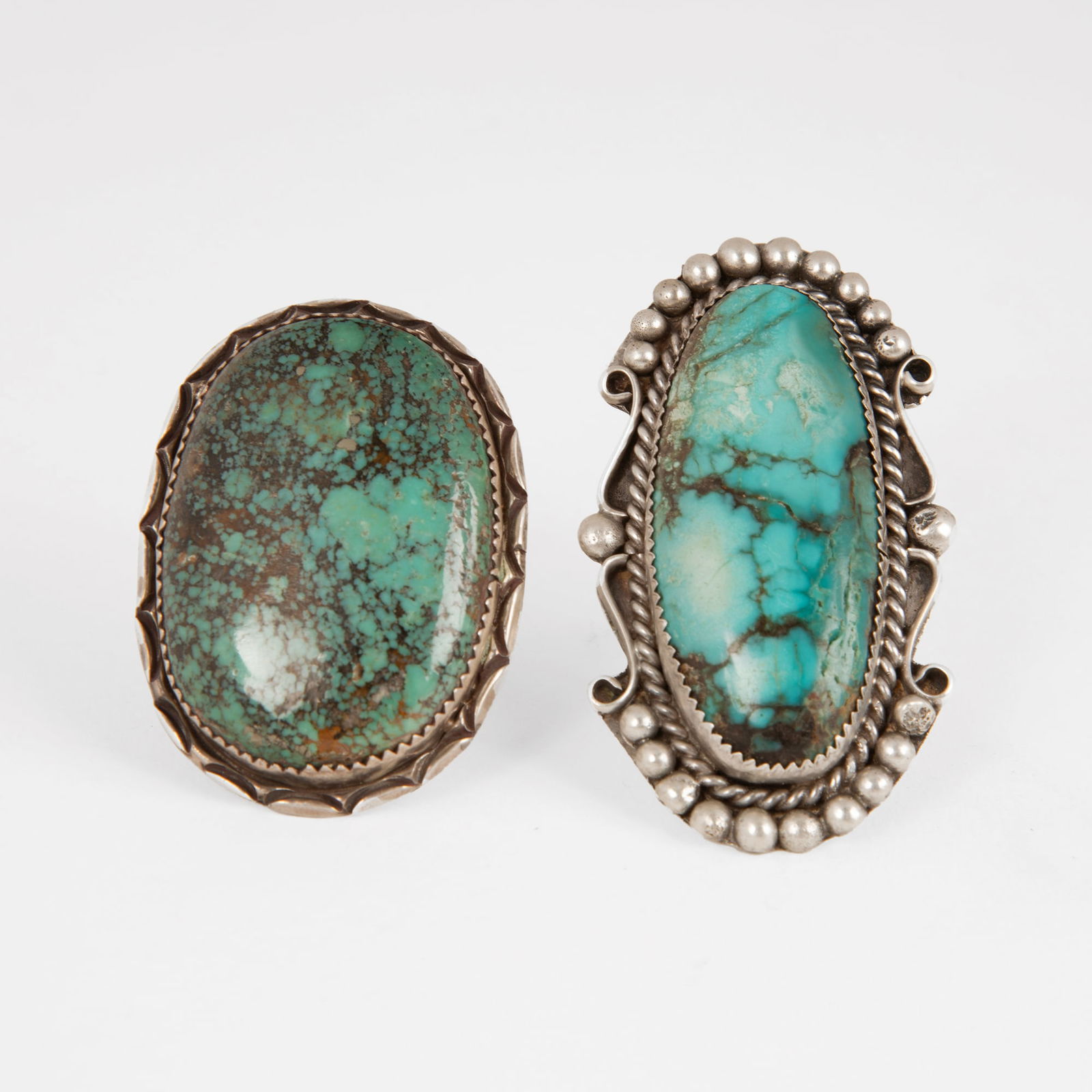 2 Dine [Navajo] Signed Silver and Turquoise Rings ca. 1960's-70's, (1 of 2)