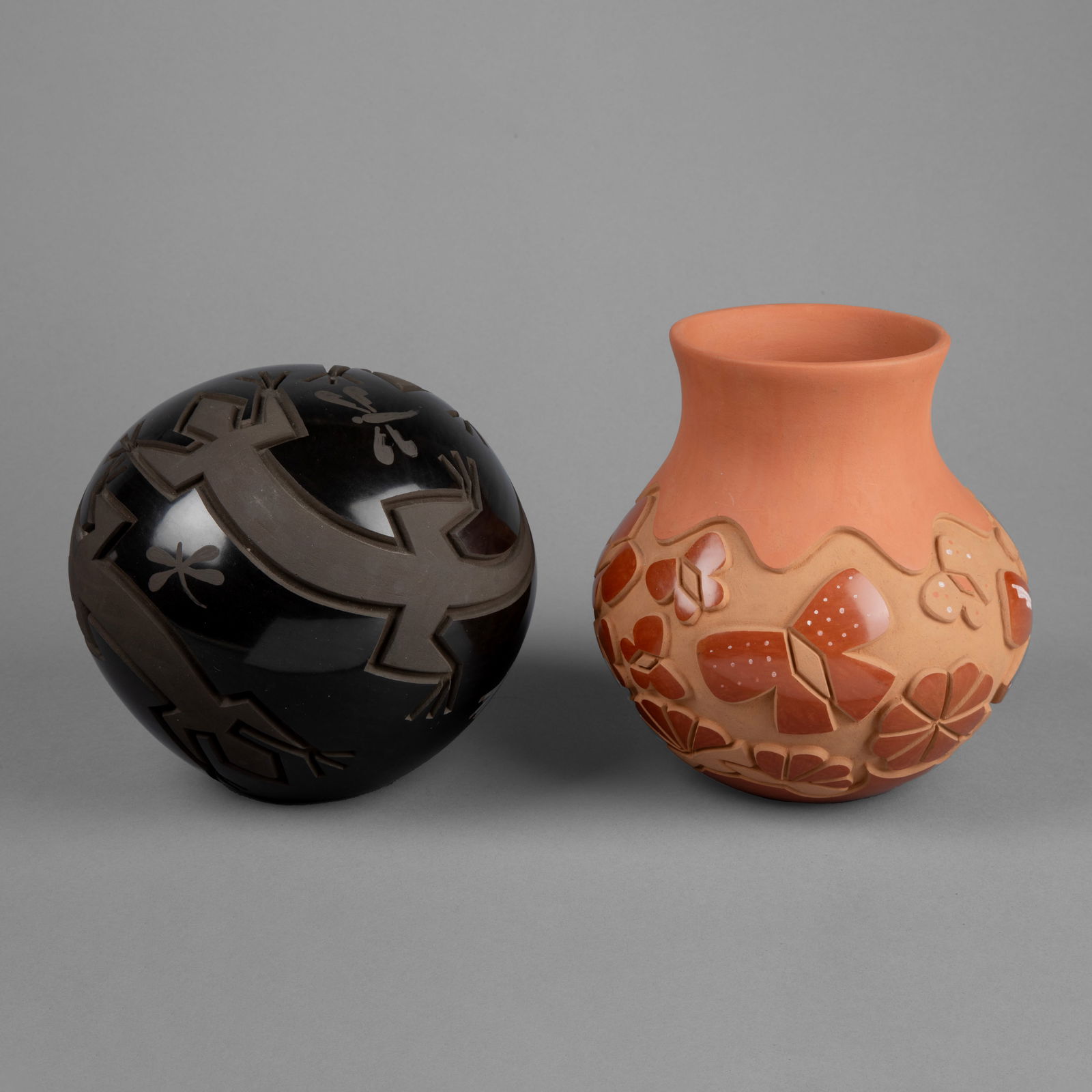 Madeline E. Naranjo, Pair of Carved Pottery: Blackware with Lizard + Redware with Butterflies (1 of 1)