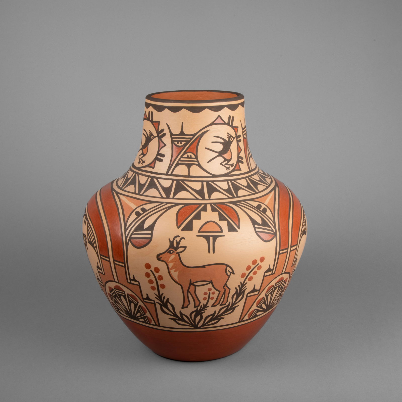 Ruby Panana, Polychrome Jar with Deer and Chaparral: Ruby Panana(Zia, b. 1956)Polychrome Jar with Deer and Chaparralfired clay, pigmentsinscribed: Ruby PANANA / ZIA / [artist's cipher]Height 15 1/4 x Diameter 13 in. (38.7 x 33 cm.) Private Collection, N