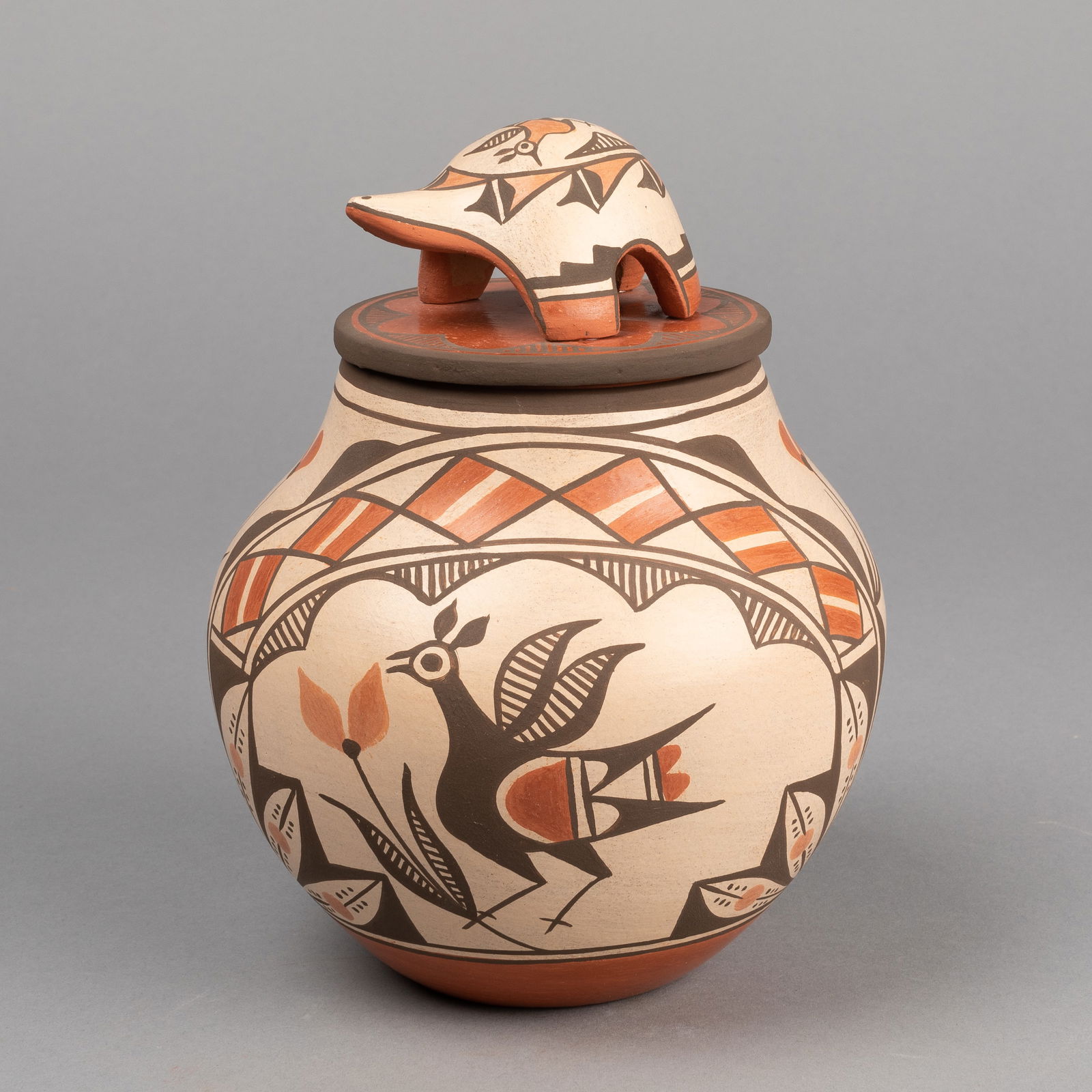 Elizabeth + Marcellus Medina, Lidded Olla, 2019: Elizabeth + Marcellus Medina(Zia, b. 1956) + (Zia, b. 1954)Lidded Olla, 2019fired clay, pigmentsinscribed: Elisabeth Medina / ZIAHeight 8 3/4 in. x Diameter 6 1/4 in. (15.9 cm. x 22.2 cm.) Private Col