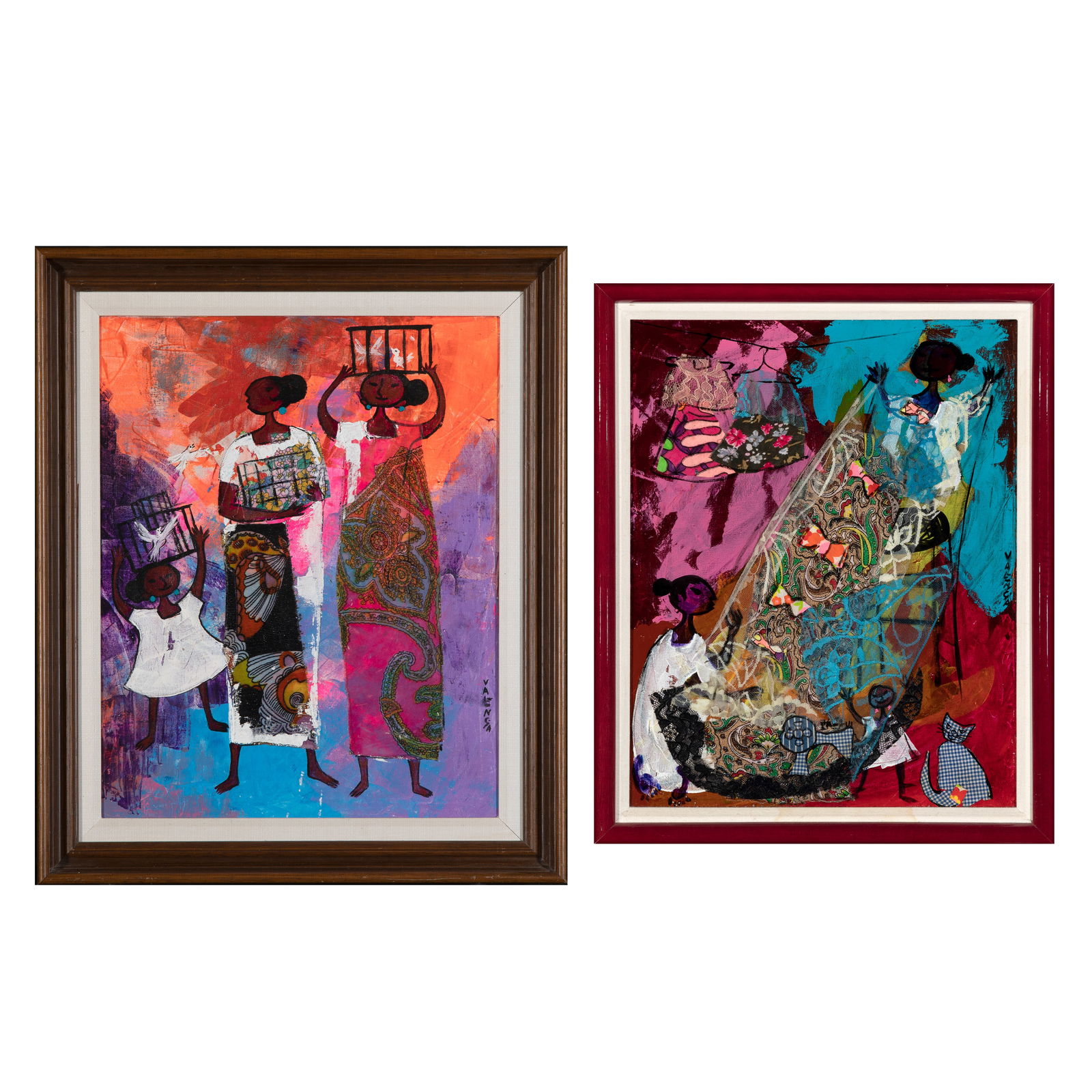Alizandro Valencia, Pair of Paintings: Untitled (Female Figures with Birds) + Untitled (Female (1 of 6)
