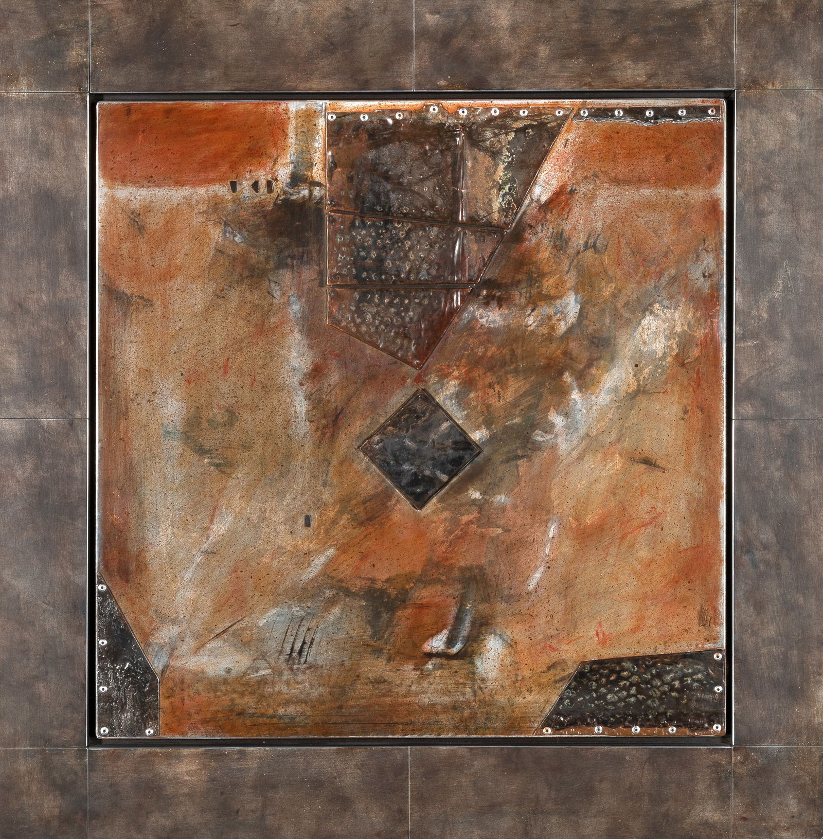 Anton Weiss, Ancient Alter #2, 1999: Anton Weiss(1936 - 2019)Ancient Alter #2, 1999aluminum and copperinscribed verso: ANCIENT ALTER #2 / ALUMINUM + COPPER / 20" X 20" / Anton Weiss 9920 x 20 in. (50.8 x 50.8 cm.), Frame: 26 1/