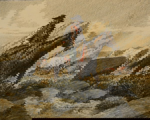 Harting, Lloyd, 1901-1974, Multiple Item Lot: Harting, Lloyd, 1901-1974, The Outrider, colored pencil on paper =, 8 1/2 x 11 1/2 inches (sight), SLL, signed lower left: LLOYD HARTING, Harting, Lloyd, 1901-1974, The Unwanted Ones, watercolor, grap