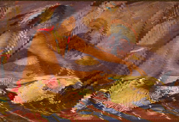 Mann, David, b. 1948: Mann, David, b. 1948, Medicine Buffalo, , oil on canvas , 24 1/4 x 36 1/4 inches, SLR, signed lower right: D. Mann