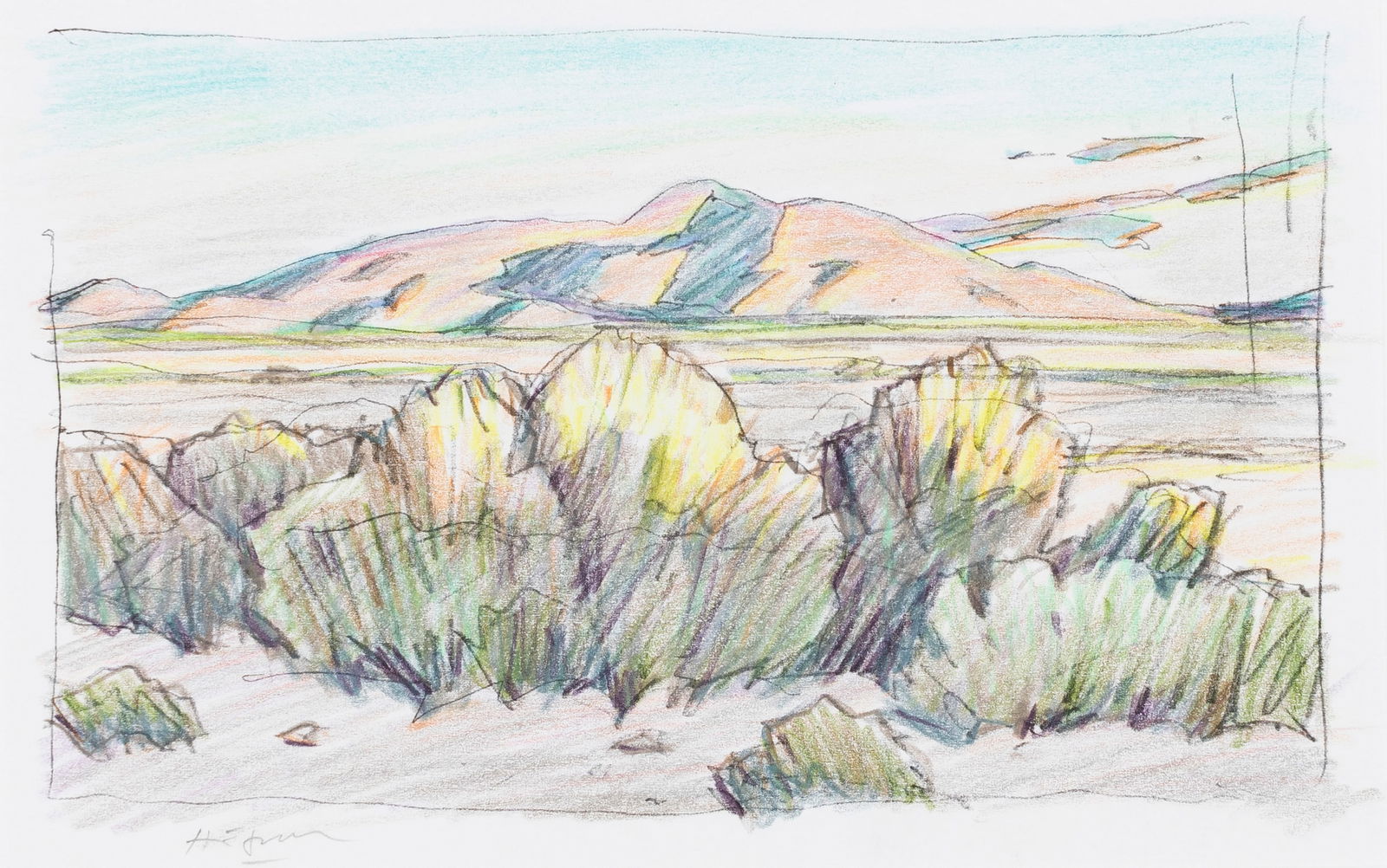 Howard Post, Desert Landscape, 1991: Howard Post(b. 1948)Desert Landscape, 1991colored pencil on papersigned lower left: H E Post4 3/4 x 7 1/2 in. (12.1 x 19.1 cm.), Frame: 17 x 19 5/8 x 1 1/8 in. (43.2 x 49.8 x 2.9 cm.) Collection of Ro