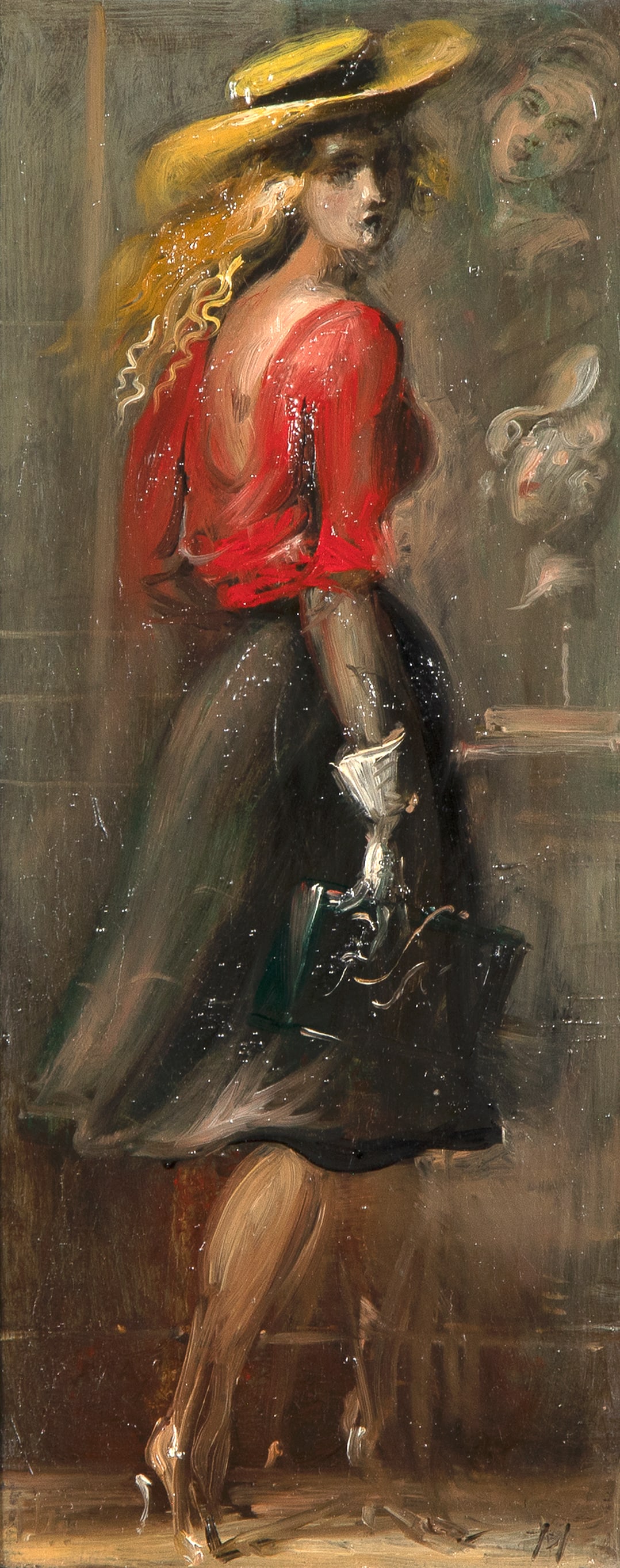 Reginald Marsh, Street Walking: Reginald Marsh(1898 - 1954)Street Walkingoil on boardinitialed lower right: MAccompanied by letter from artist's wife13 3/4 x 5 3/4 in. (34.9 x 14.6 cm.), Frame: 17 1/2 x 9 1/2 x 1 1/8 in. (44.5 x 24.