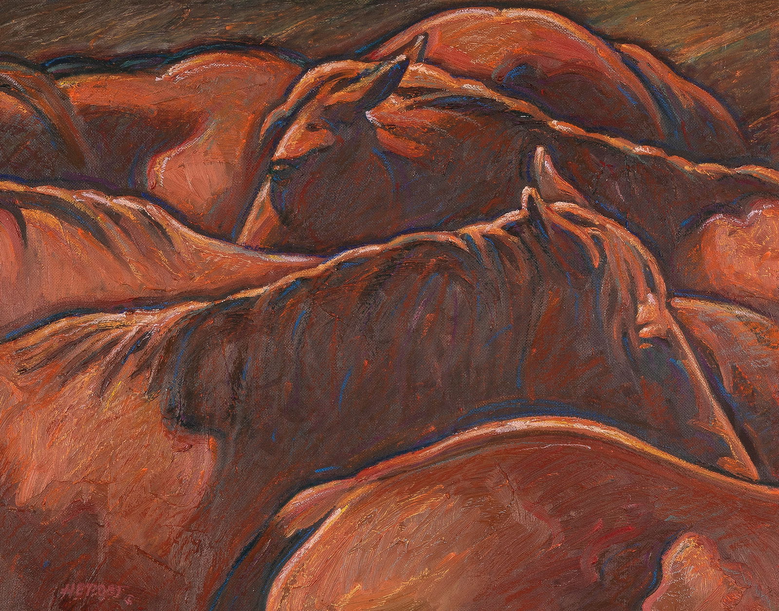 Howard Post, Untitled (Horses): Howard Post(b. 1948)Untitled (Horses)mixed media on boardsigned lower left: HEPOST ©15 1/4 x 19 1/4 in. (38.7 x 48.9 cm.), Frame: 25 1/4 x 29 1/4 x 1 5/8 in. (64.1 x 74.3 x 4.1 cm.) Private Collectio