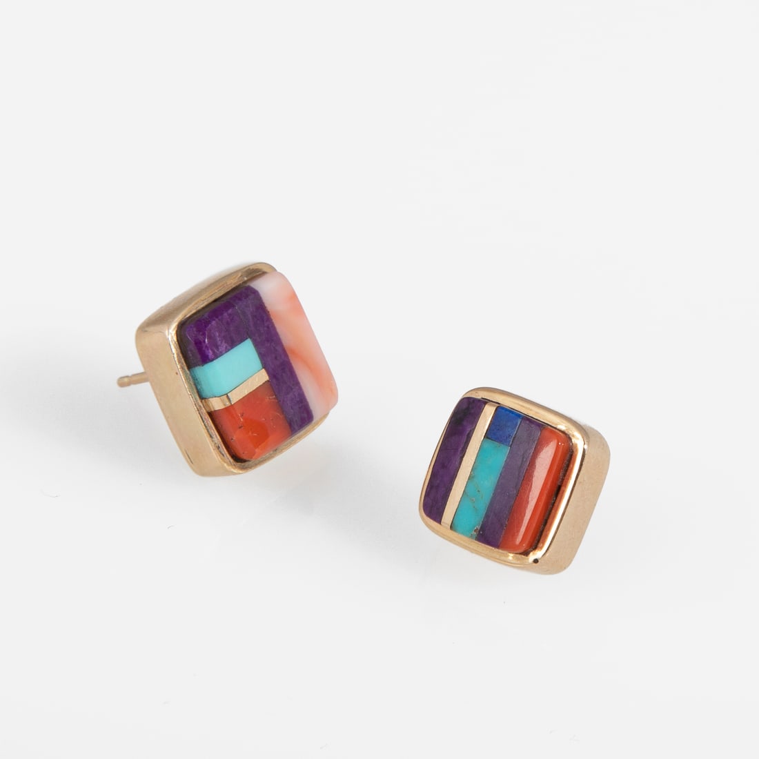 Asymmetrical Pair of 18K Gold and Mixed Inlay Stud Earrings (1 of 2)