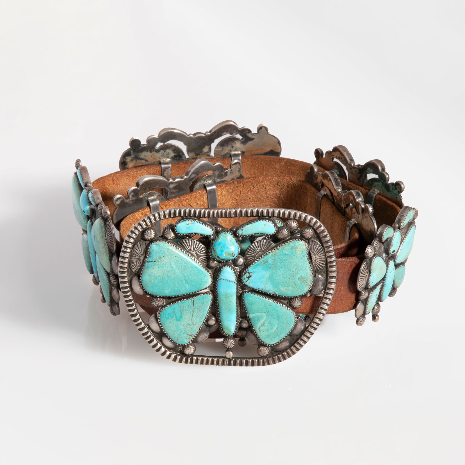 Zuni, Concho Belt with Turquoise Butterflies, ca. 1930-1940 (1 of 5)