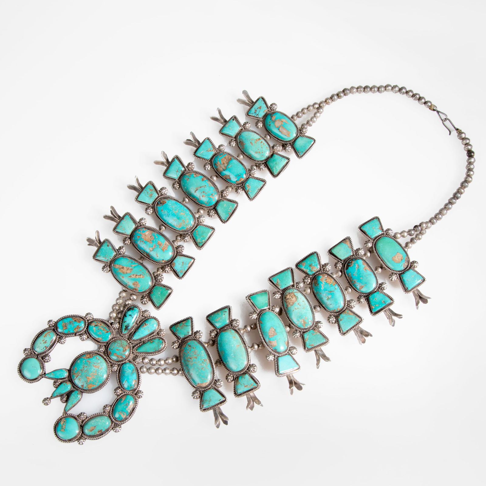 Sterling Silver and Turquoise Box and Bow Squash Blossom Necklace, ca. 1940 (1 of 7)
