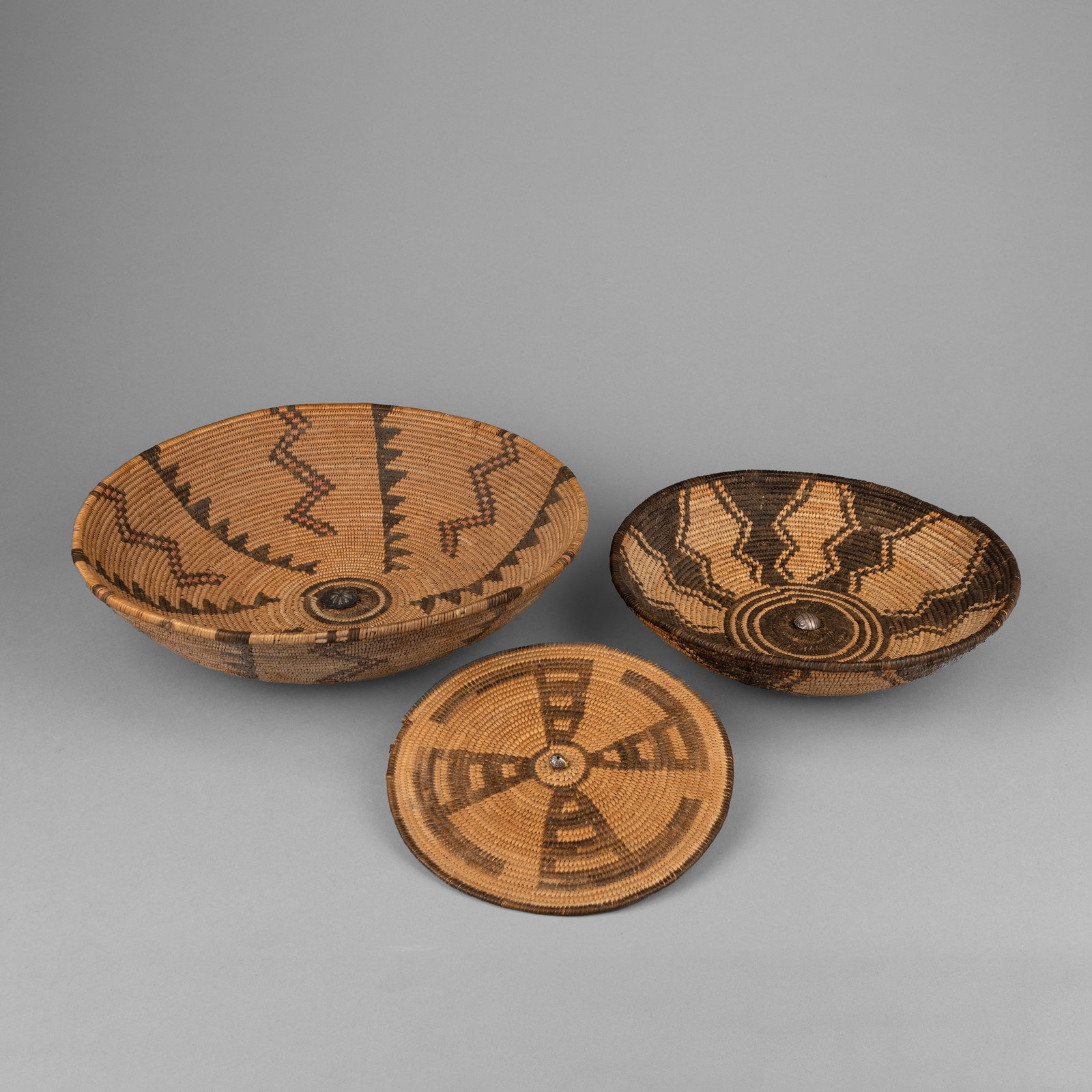 Apache/Papago/Pima, Group of Three Baskets with Geometric Designs, ca. 1940 (1 of 3)