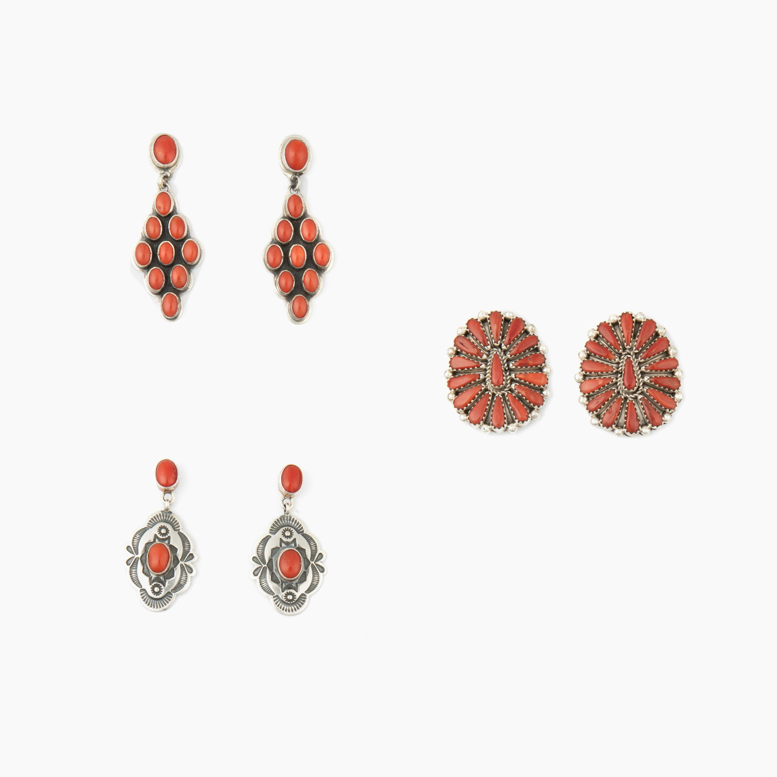 Diné [Navajo], Three Pairs of Coral and Silver Earrings (1 of 3)