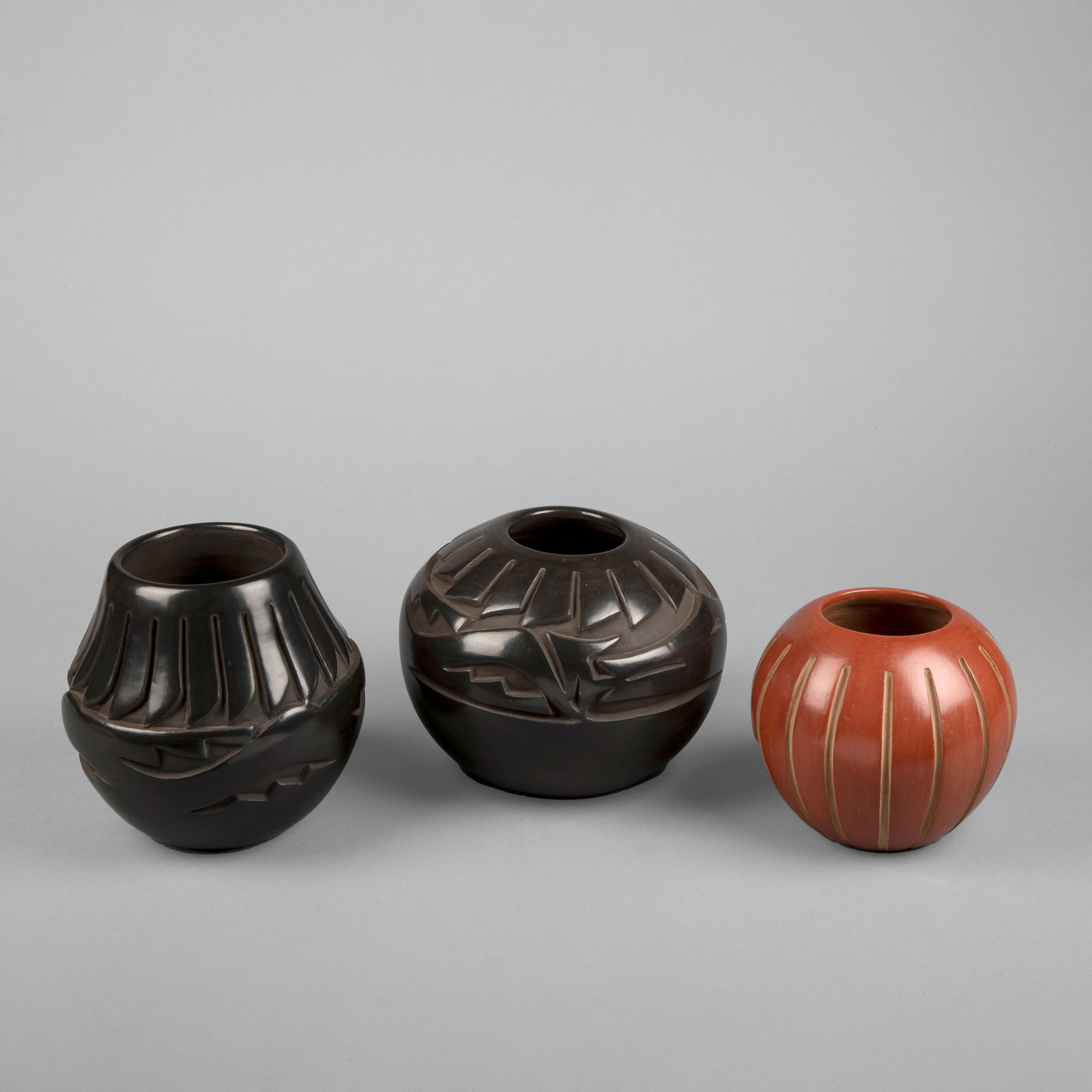 Glenda Naranjo + Anna Archuleta, Group of Three Carved Pots: Blackware + Redware (1 of 3)