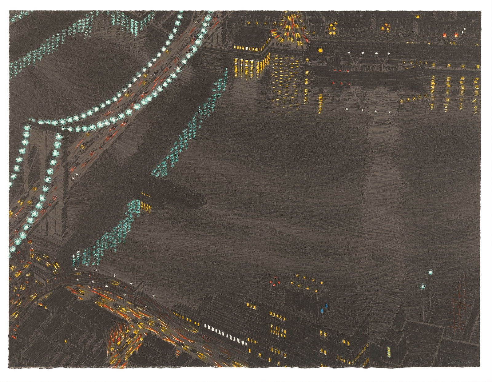 Yvonne Jaquette, Brooklyn Bridge Reflected, Night, 1983 (1 of 4)