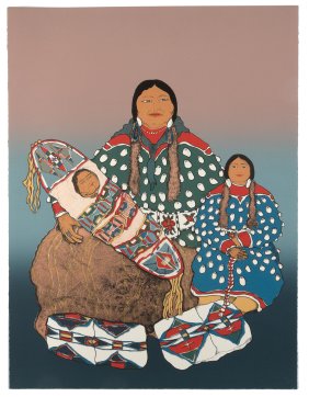 Kevin Red Star, (Crow, b. 1943), Crow Woman and Grandchildren, ca. 1977, original 8-color