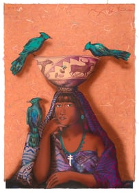 Tony Abeyta, Woman with Three Bluejays, lithograph, Naravisa Press Impression, 36 1/8 x 25 3/4 in.