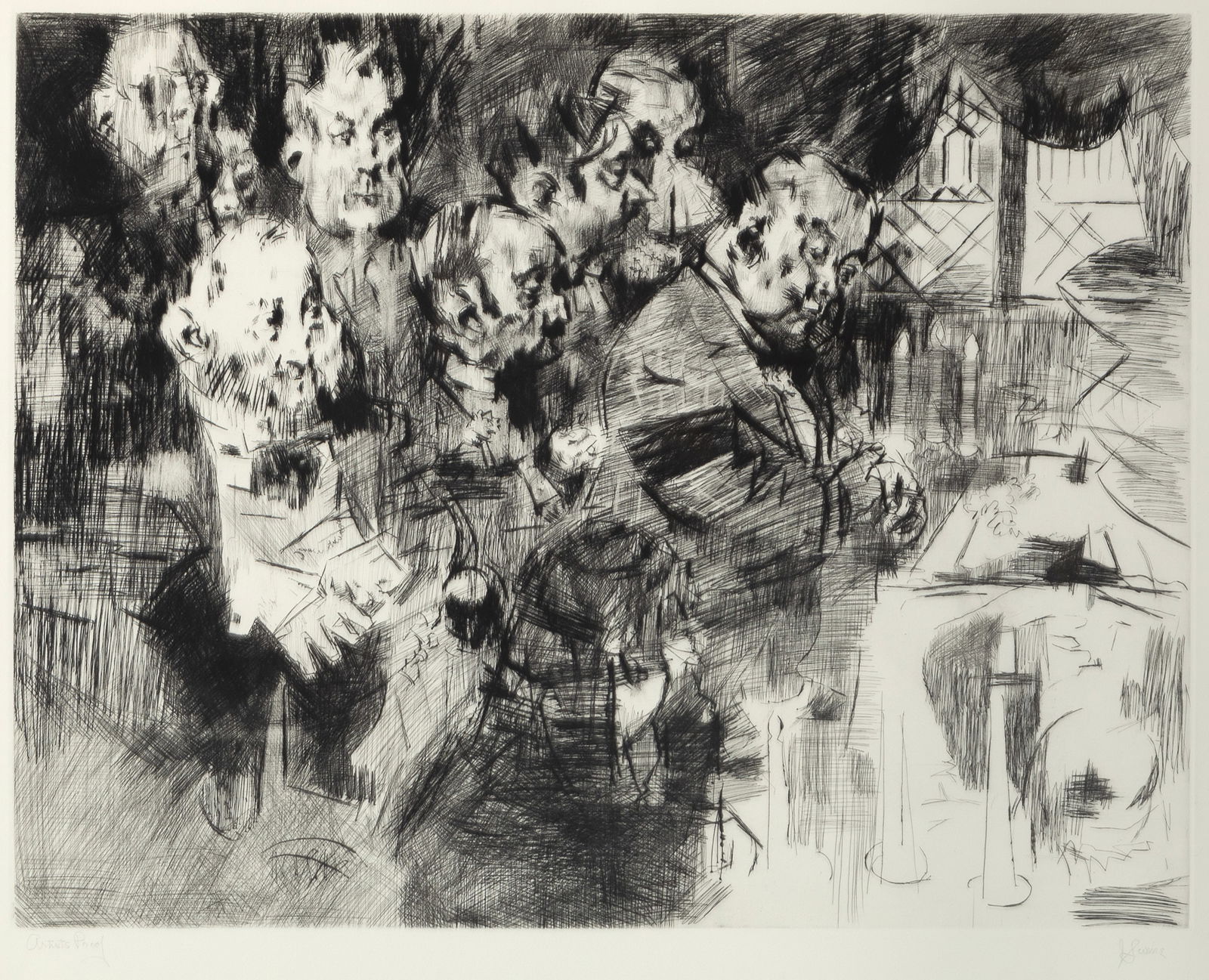 Jack Levine, Gangster's Funeral: Jack Levine(1915 - 2010)Gangster's Funeraletching, artist's proofgraphite editioned lower left: Artist's Proofgraphite signed lower right: J Levine19 1/4 x 25 1/4 in. (48.9 x 64.1 cm.), frame: 26 3/8