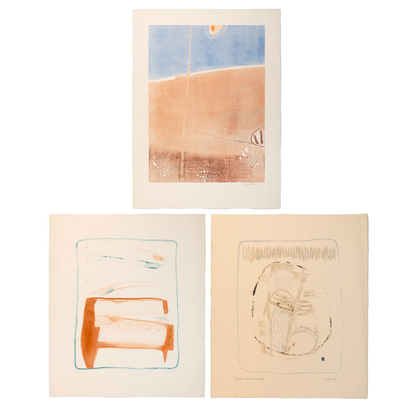 Janet Lippincott, Three Monotypes: Wind Streak + Indian Mask Remembered + Untitled (1 of 7)