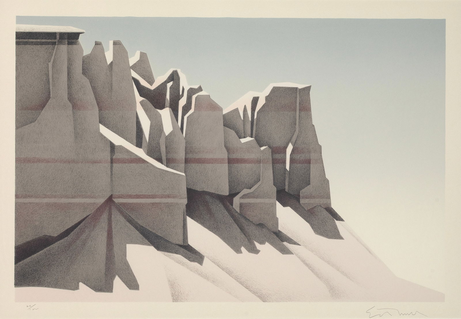 Ed Mell, Coal Mine Canyon: Ed Mell1942-2024Coal Mine Canyonlithograph, edition 69 of 100graphite editioned lower left: 69/100graphite signed lower right: Ed Mell16 x 24 in. (40.6 x 61 cm.), frame: 29 1/4 x 35 3/8 x 1 1/2 in. (7
