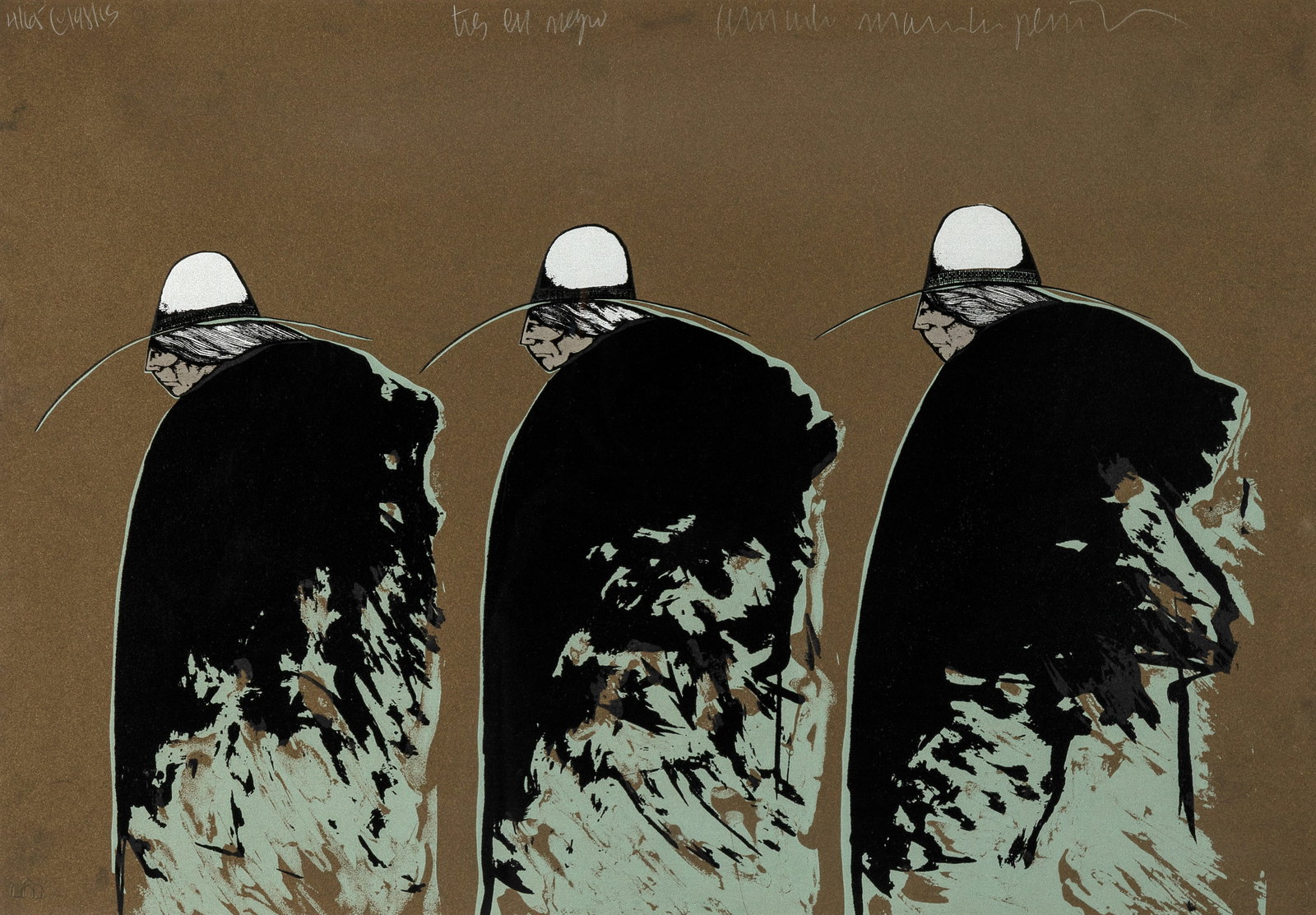 Amado Maurillo Peòa Jr., Tres en Negro, 1981: Amado Maurillo Peòa Jr. (Yaqui/Mexican, b. 1943) Tres en Negro, 1981 lithograph, edition 4 of 65 editioned and dated upper left: 4/65 ?1981cs titled upper center: Tres en Negro signed upper rig