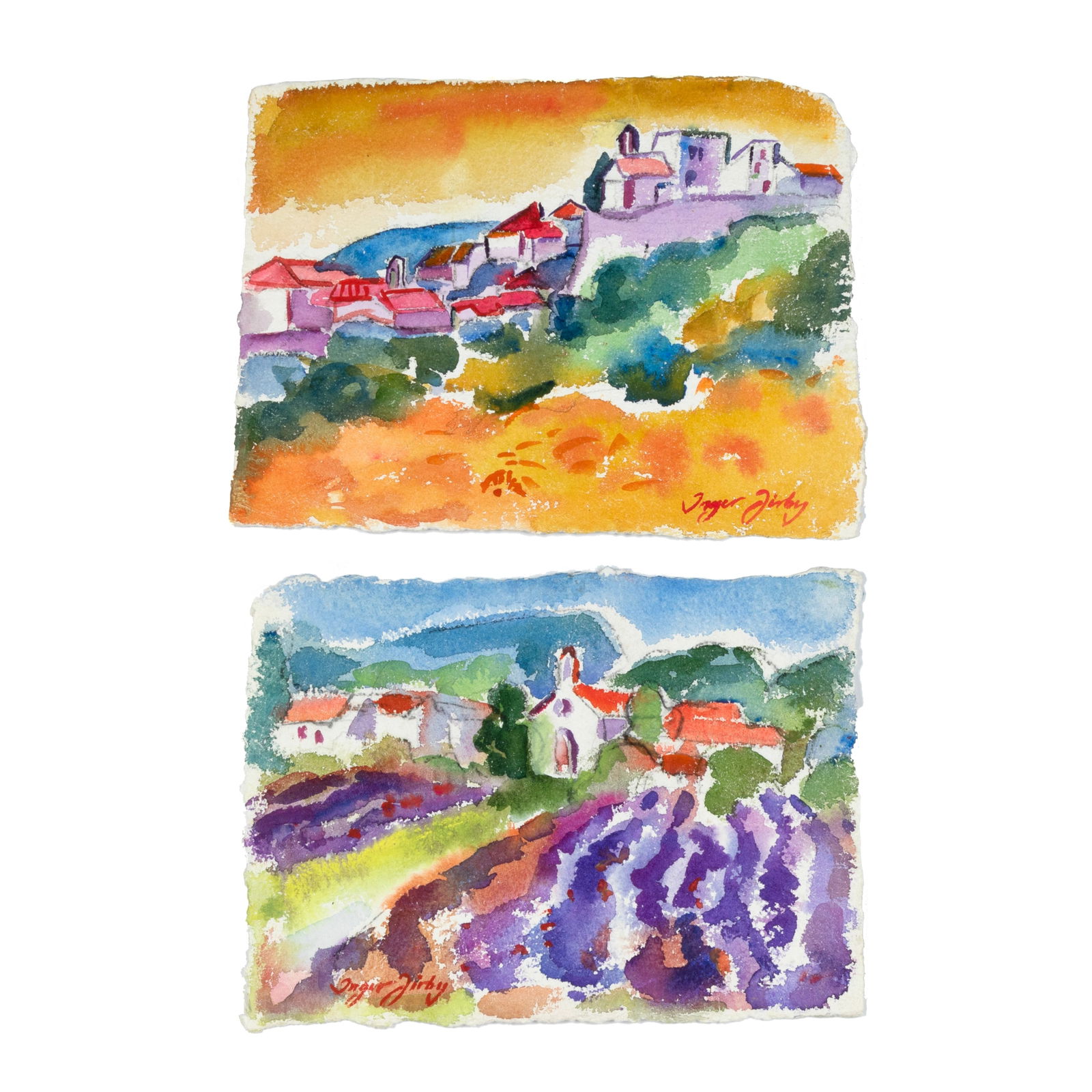 Inger Jirby, Two Watercolors: Untitled (Lavender Fields) + Untitled (Village Scene): Inger Jirby(b. 1947)Two Watercolors: Untitled (Lavender Fields) + Untitled (Village Scene)watercolor on paperUntitled (Lavender Fields)signed lower left: Inger Jirby12 1/8 x 8 5/8 in. (30.8 x 21.9 cm.