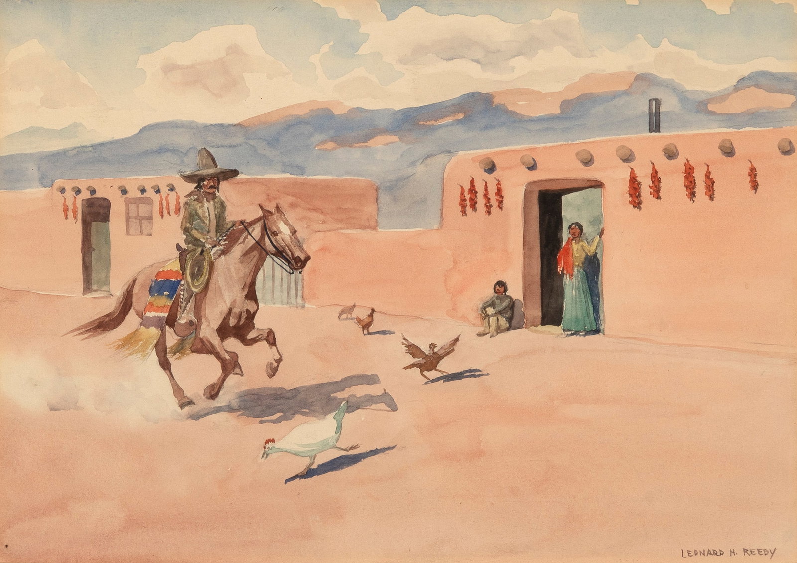Leonard Howard Reedy, Untitled (Riding Through Town): Leonard Howard Reedy (1899 - 1956) Untitled (Riding Through Town) watercolor on paper signed lower right: LEONARD H. REEDY 7 3/4 x 10 7/8 in. (19.7 x 27.6 cm.), frame: 15 1/2 x 18 1/2 x 7/8 in. (39.4 