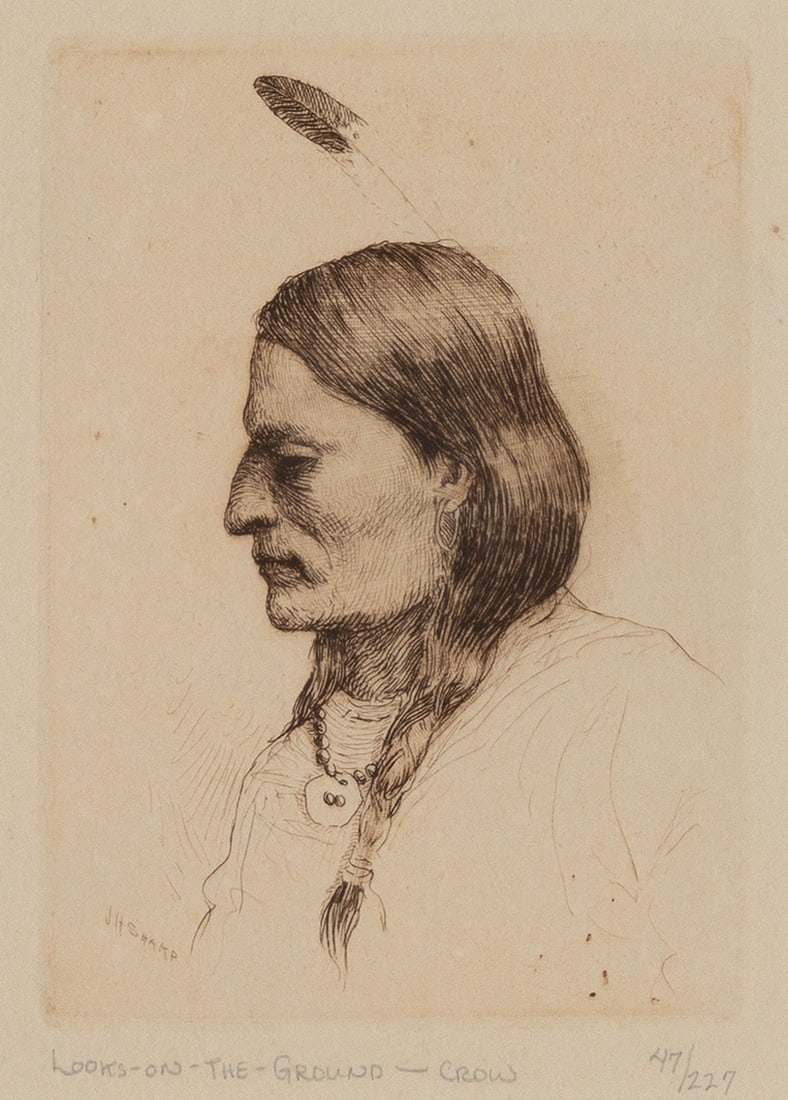 Joseph Henry Sharp, Looks-On-The-Ground-Crow: Joseph Henry Sharp(1859 - 1953)Looks-On-The-Ground-Crowdrypoint, etching, edition 47 of 227signed in plate lower left: JH SHARPgraphite titled lower left: LOOKS-ON-THE-GROUND--CROWgraphite editioned l