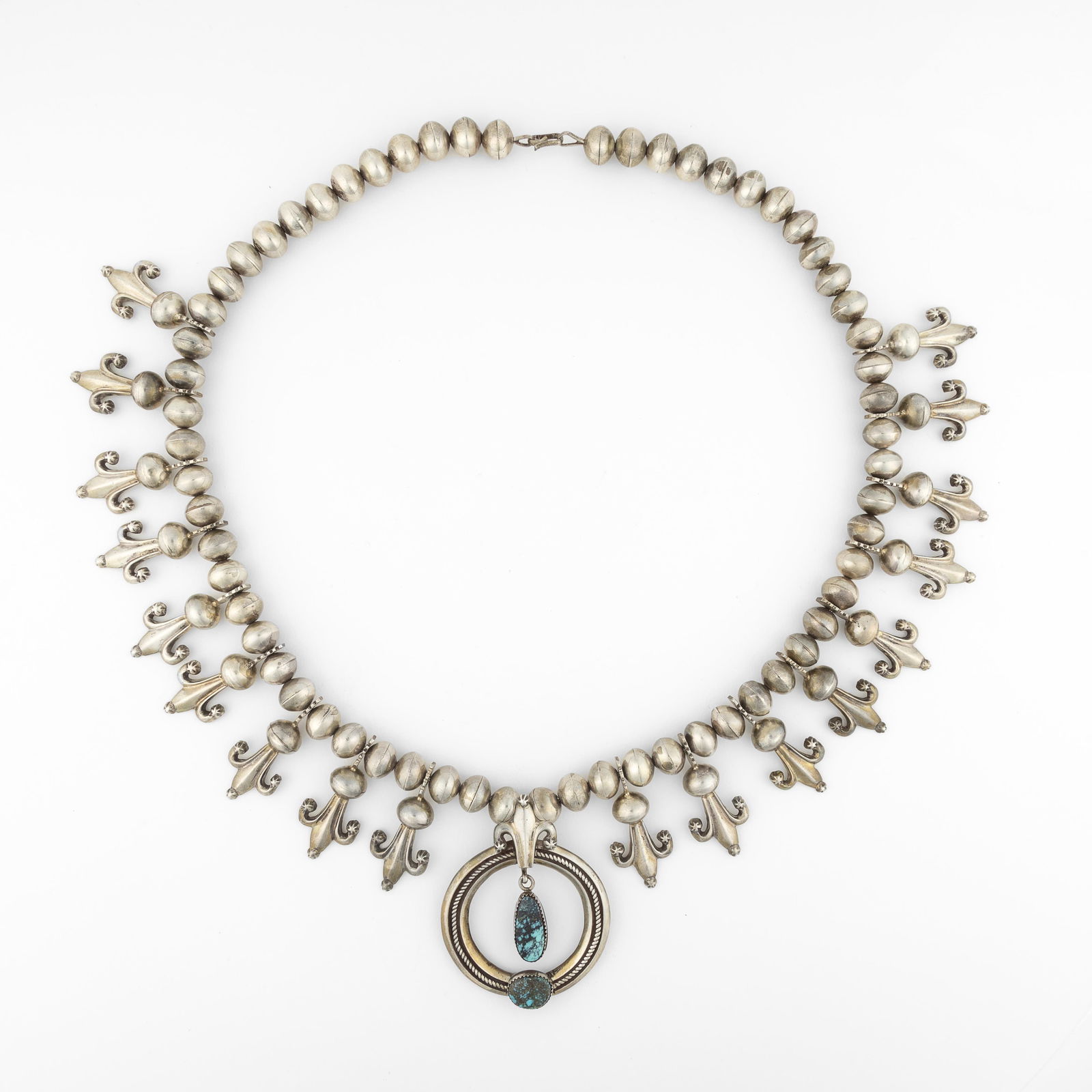 Mildred Parkhurst, Squash Blossom Necklace with Hanging Turquoise Pendant + Earrings Set (1 of 4)
