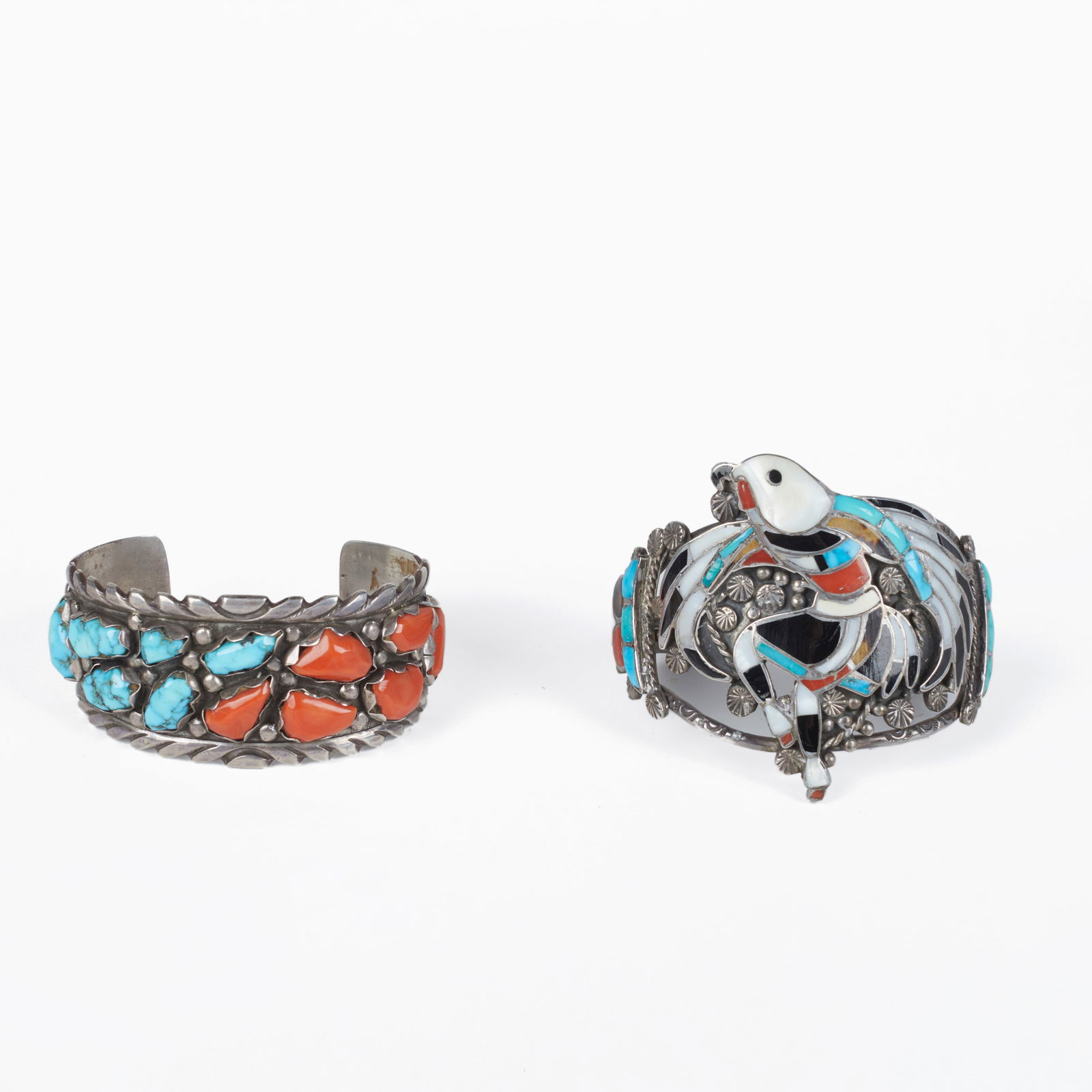 John Lucio + Wayne Cheama, Pair of Two Zuni Cuffs: Eagle Dancer, ca. 1950 + Mixed Cabochon (1 of 3)