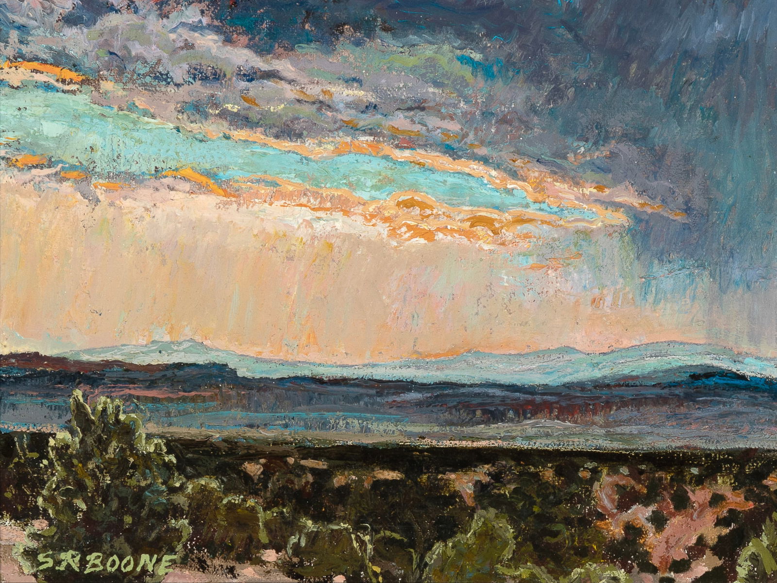 Steven Boone, Untitled (Southwest Landscape): Steven Boone(b. 1952)Untitled (Southwest Landscape)oil on boardsigned lower left: SRBOONE8 1/2 x 11 3/8 in. (21.6 x 28.9 cm.), frame: 12 1/2 x 15 3/8 x 3/4 in. (31.8 x 39.1 x 1.9 cm.) Private Collecti