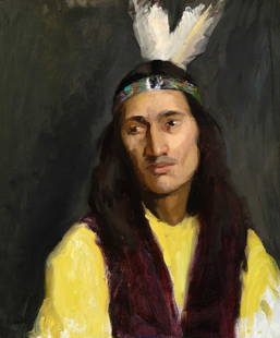 Bror Julius Olsson Nordfeldt, Indian Portrait, San Juan Pueblo, ca. 1919: Bror Julius Olsson Nordfeldt(1878 - 1955)Indian Portrait, San Juan Pueblo, ca. 1919oil on canvassigned lower left: Nordfeldtinscribed verso: NoRdfeLdt24 1/4 x 20 in. (61.6 x 50.8 cm.), frame: 31 1/2 x