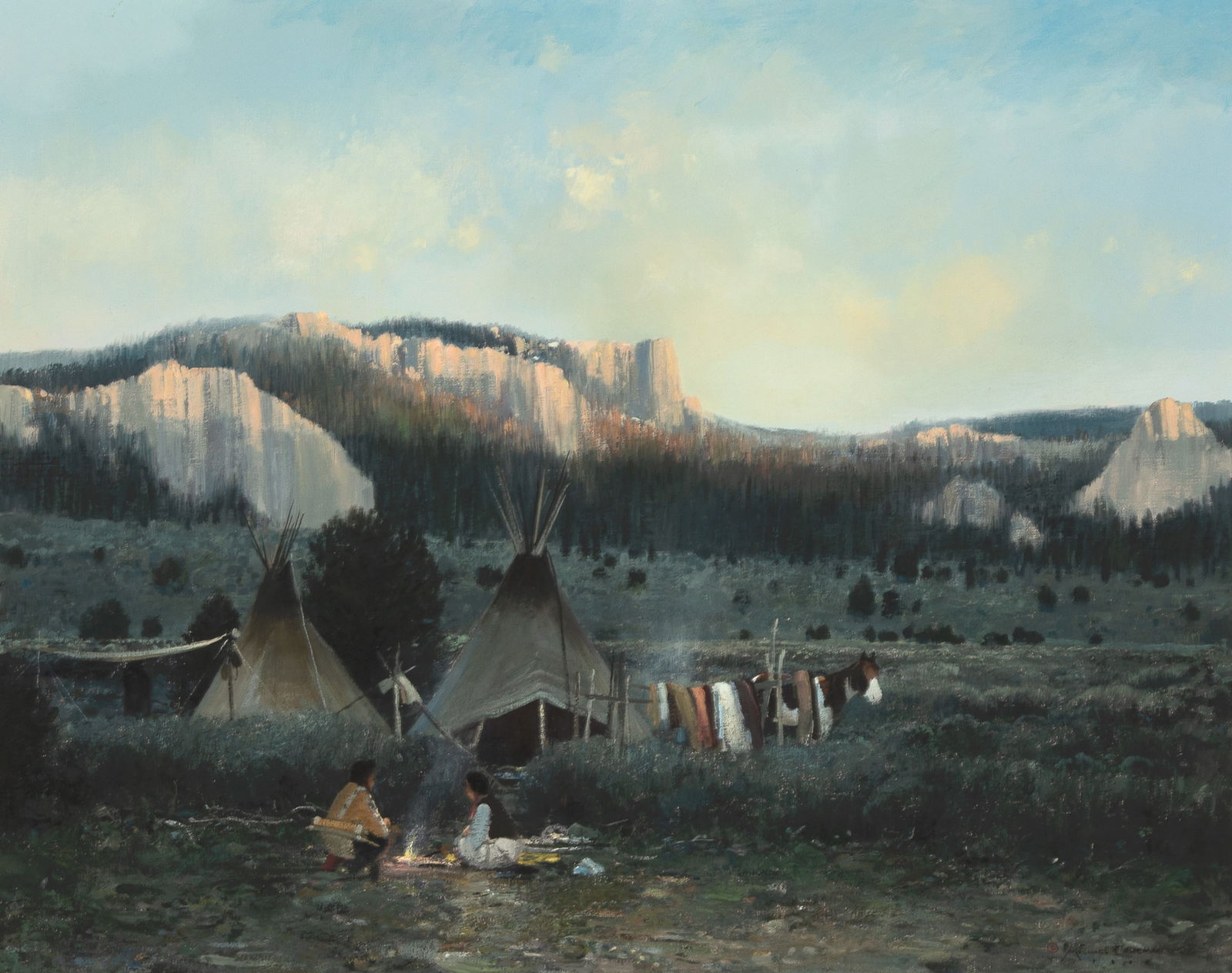Michael Coleman, Indian Encampment: Michael Coleman(b. 1946)Indian Encampmentoil on linensigned and dated lower right: © MICHAEL COLEMAN / 19 [indecipherable]24 x 30 in. (60.96 x 76.20 cm.), frame: 32 1/2 x 38 1/2 x 3 1/2 in. (82.55 x