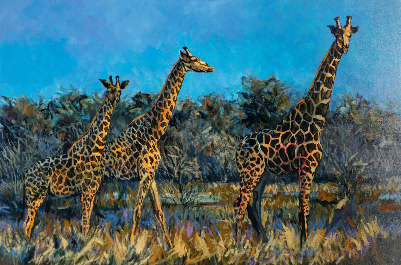 Terry Lee, Three Giraffes: Terry Lee(b. 1948)Three Giraffesoil on canvassigned lower right: Terry Lee ©inscribed verso: ALL REPRODUCTION RESERVED / BY THE ARTIST / © COPYRIGHT 52101 / "3 GIRAFFES" / Terry C. Lee40 x