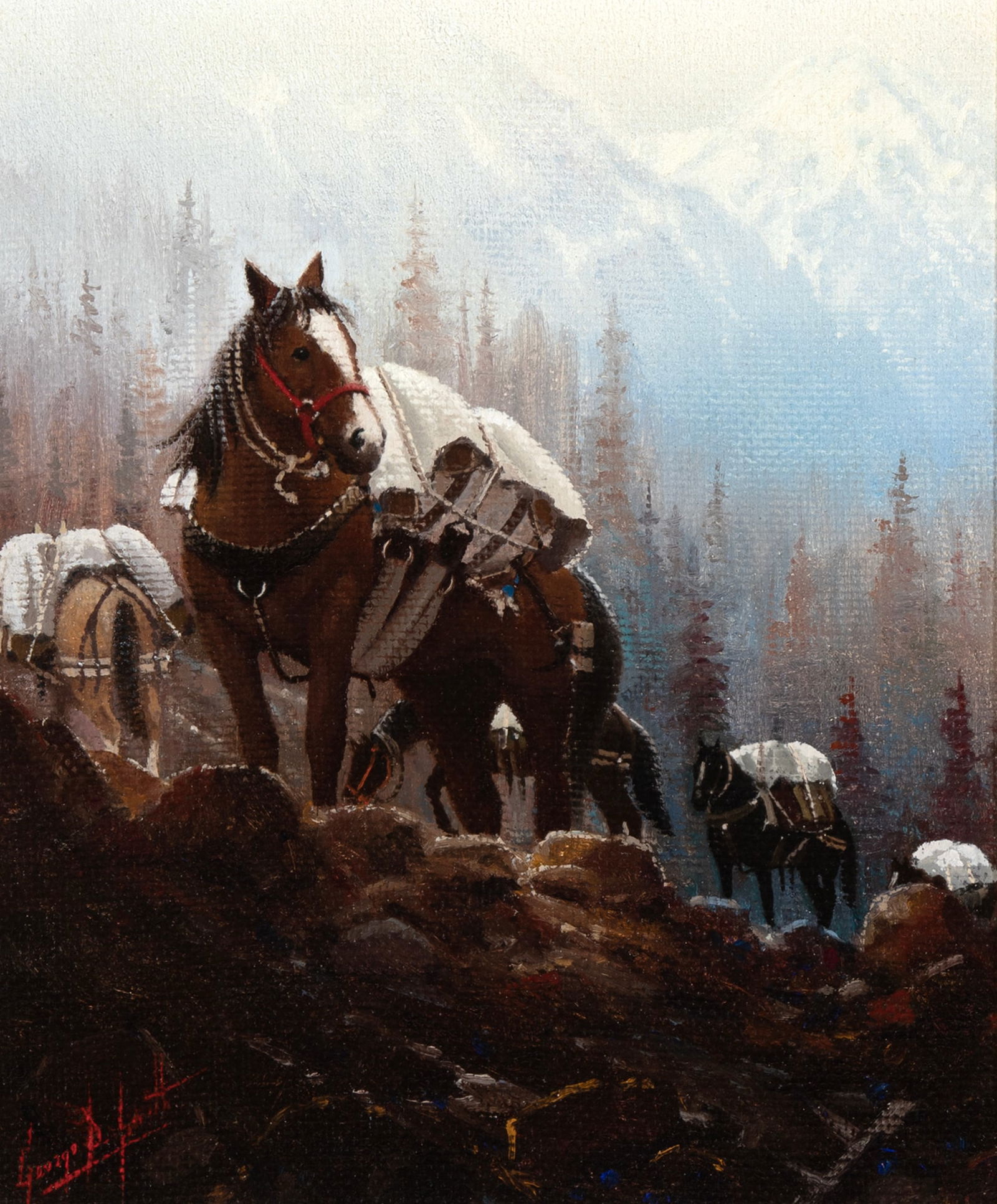 George Dee Smith, Last Call for the Divide, 1990: George Dee Smith(b. 1944)Last Call for the Divide, 1990oil on boardsigned lower left: George D. Smithinscribed verso: LAST CALL FOR THE DIVIDE / PAINTED 1990 / George D. Smith11 1/8 x 9 1/8 in. (28.3