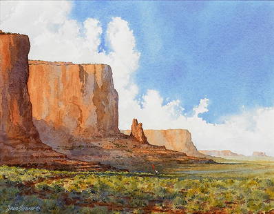 David Halbach (b.1931), Mormon Pioneers Send Fathe: David Halbach (b.1931), Mormon Pioneers Send Father and Son Ahead in Monument Valley - with Blanket to Signal at Fort Media: watercolor on paper Dimensions: 8 1/2 x 11 3/8 inches Signature: sig