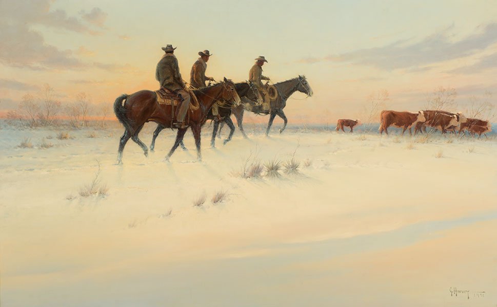 G. Harvey (b. 1933), Riders from the Renderbro: G. Harvey (b. 1933), Riders from the Renderbrook Spade Ranch, 1971 Media: oil on canvas Dimensions: 30 x 48 inches Signature: signed lower right: G. Harvey / 1971 titled verso: 'RIDERS FROM TH