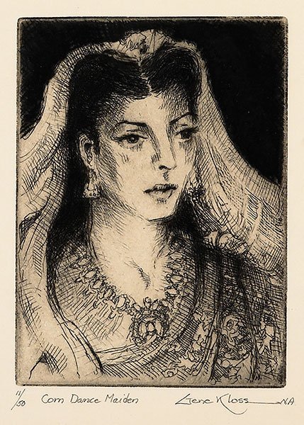 Gene Kloss (1903-1996), Corn Dance Maiden, 11/50: Gene Kloss (1903-1996), Corn Dance Maiden, 11/50 Media: etching and dry point on paper Dimensions: 5 3/4 x 4 1/4 inches Signature: editioned and titled lower left: 11/50 Corn Dance Maiden signe