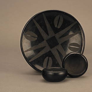 Maria Martinez (1887-1980), Untitled (Set of Two C: Maria Martinez (1887-1980), Untitled (Set of Two Cups and a Plate) Media: ceramic Dimensions: 1 x 6 x 6 inches (plate); 1 x 2 x 2 inches (cups) Signature: signed on bottom (plate): Maria & Sant