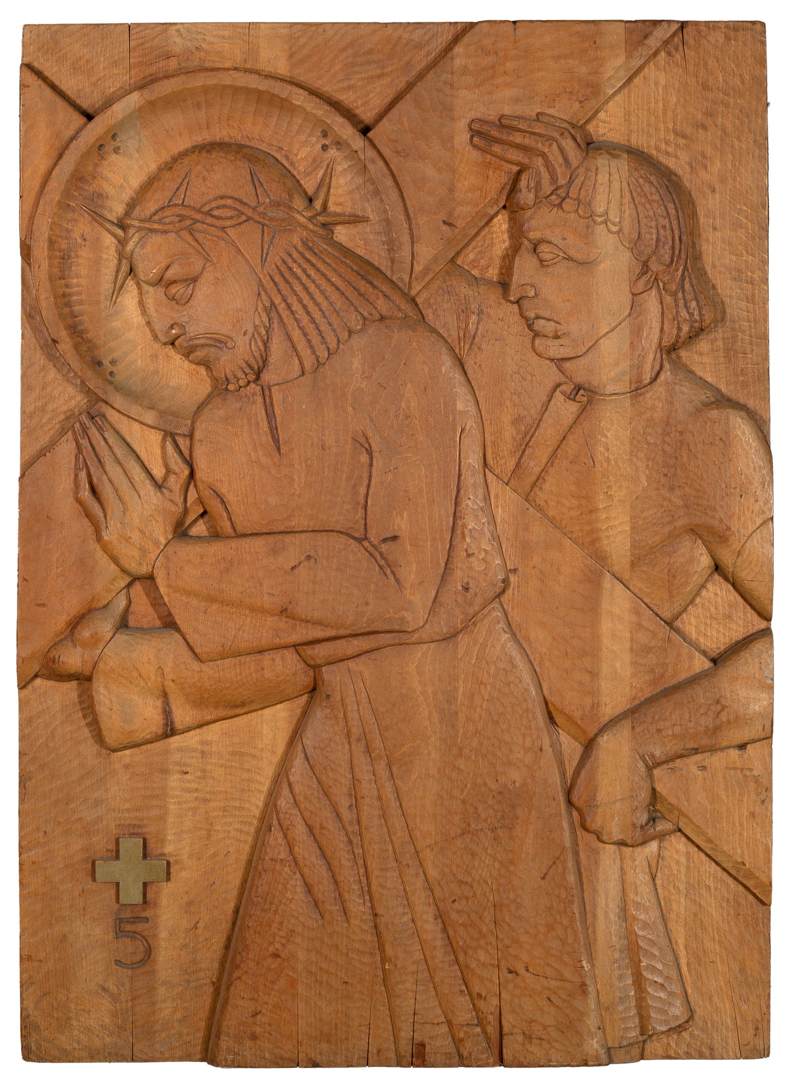 Martha Miligan Bernat, Wooden Chip Carved Bas Relief: Fifth Station of the Cross, 1952 (1 of 2)