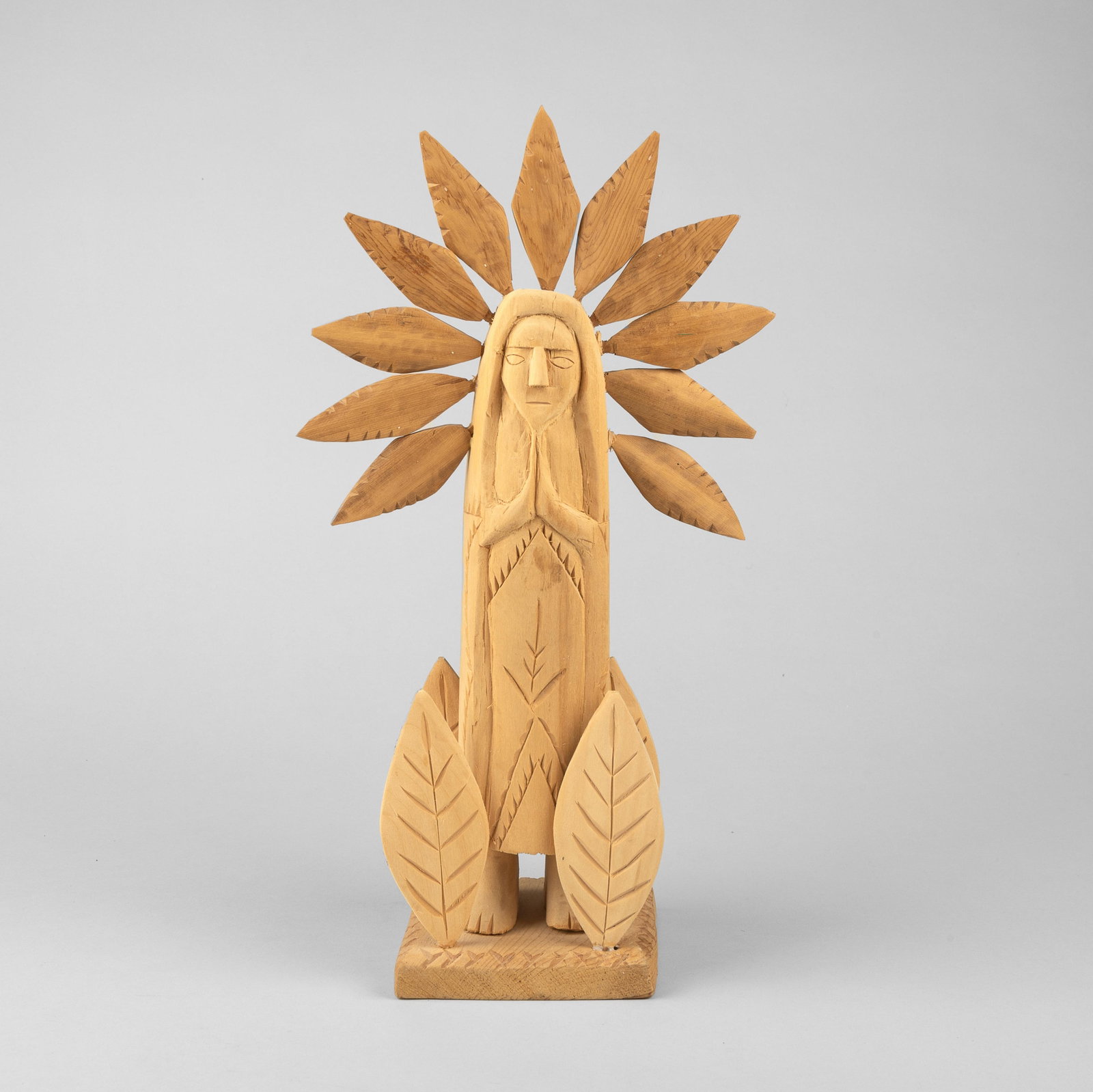 George Lopez, Nuestra Señora de la Luz: George Lopez (1900 - 1993) Nuestra Señora de la Luz carved wood inscribed underside base: George T. Lopez / Cordova N Mexico / Nuestra Señora de / la Luz 14 x 8 x 4 in. (35.6 x 20.3 x 10.2 cm.) The 