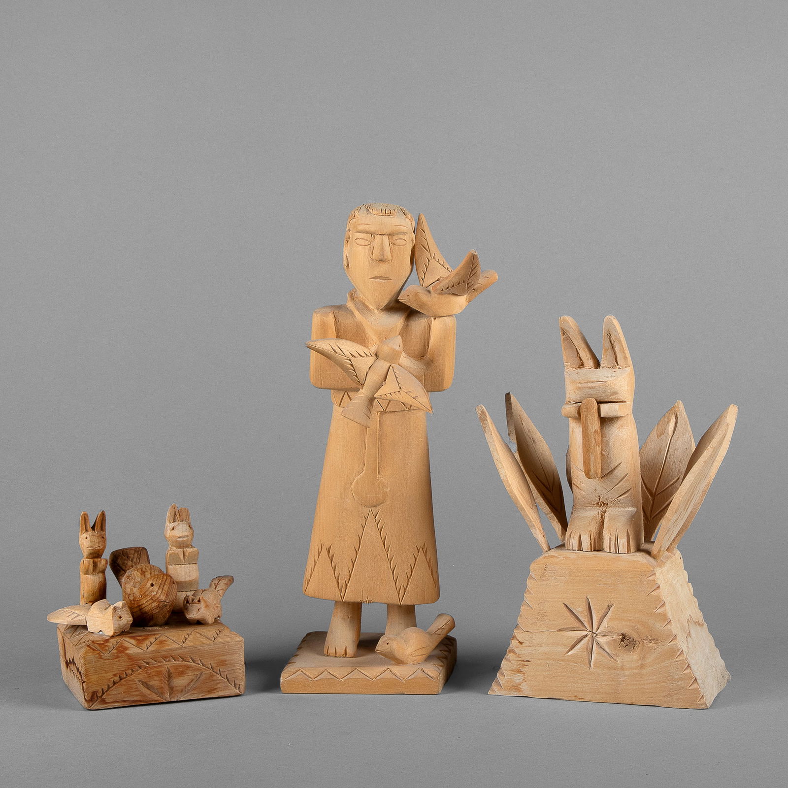 George Lopez, Group of Three Bultos: Santo with Birds + Animal Group + Rabbit (1 of 3)