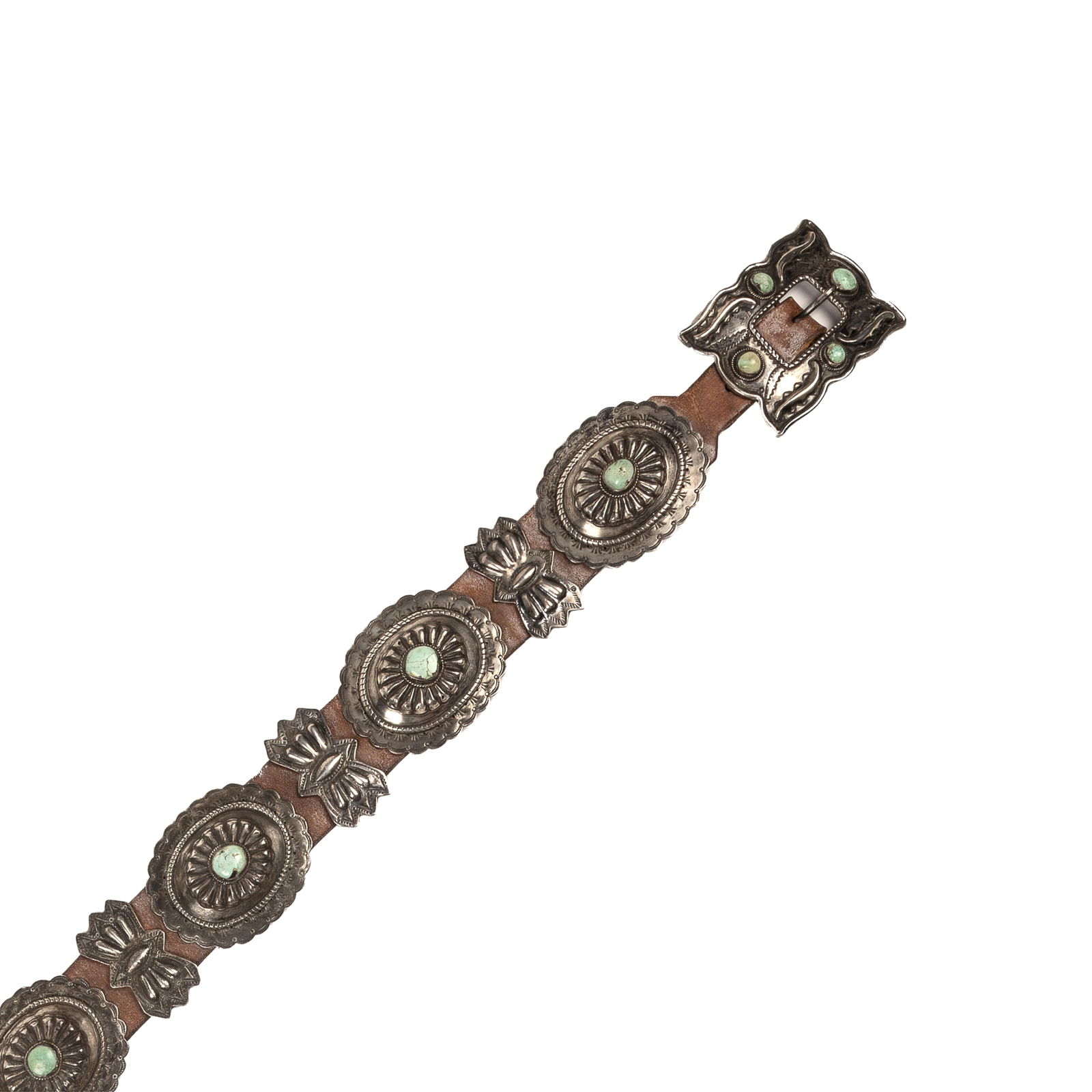 Diné [Navajo], Artist Once Known, Silver and Turquoise Concho Belt, ca. 1950 (1 of 3)