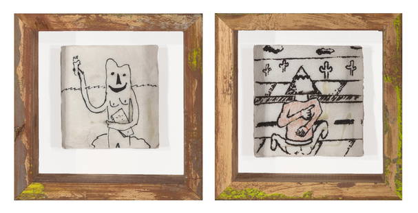 The Bruce High Quality Foundation, Pair of Boxed Drawings: The Bruce High Quality Foundation(Founded 2001)Pair of Boxed Drawingsink, pigment on napkinon right: 4 1/2 x 4 1/2 in. (11.4 x 11.4 cm.), on left: 4 x 4 in. (10.2 x 10.2 cm.), each frame: 7 7/8 x 7 7/