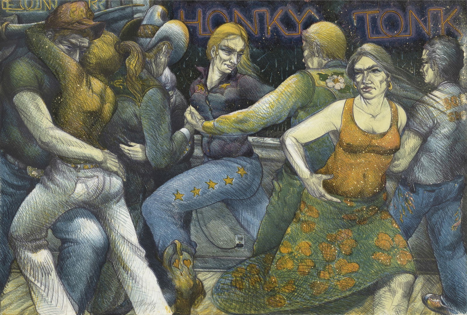 Luis Jiménez, Honky Tonk, 1981: Luis Jiménez(1940 - 2006)Honky Tonk, 1981lithograph, printer's proofinscribed and editioned lower center: Thanks / P. P.signed and dated lower right: Luis Jiménez 8136 x 51 in. (91.4 x 129.5 cm.), f