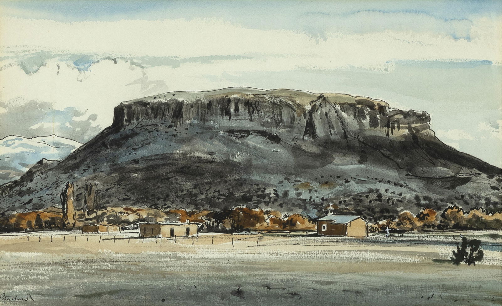 Peter Hurd, Black Mesa of San Ildefonso, 1962: Peter Hurd(1904 - 1984)Black Mesa of San Ildefonso, 1962watercolor on papersigned lower left: Peter Hurdinscribed verso: Black Mesa of San Ildefonso - North of Santa Fe / 19628 7/8 x 14 3/8 in. (22.5