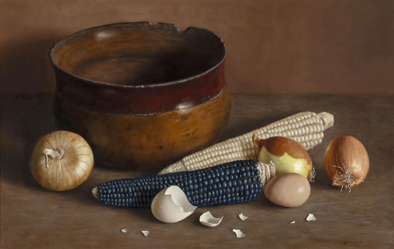 William Acheff, Blue Corn: William Acheff(b. 1947)Blue Cornoil on linensigned lower right: William Acheffinscribed verso: "Blue Corn" William Acheff14 x 22 in. (35.6 x 55.9 cm.), frame: 18 1/8 x 26 1/8 x 2 in. (46 x 6